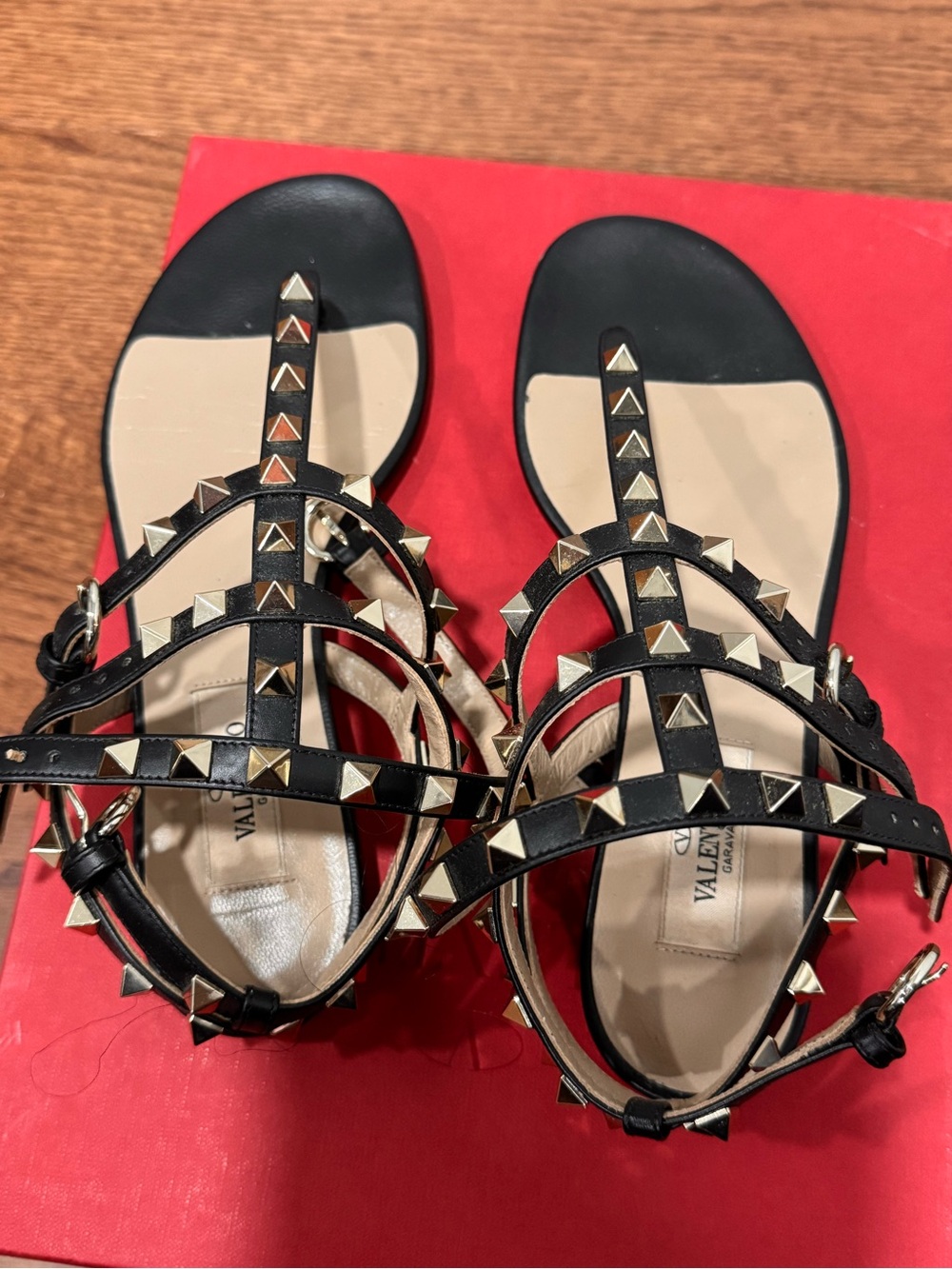 Valentino Rockstud Black Leather T-Strap Gladiator Sandals